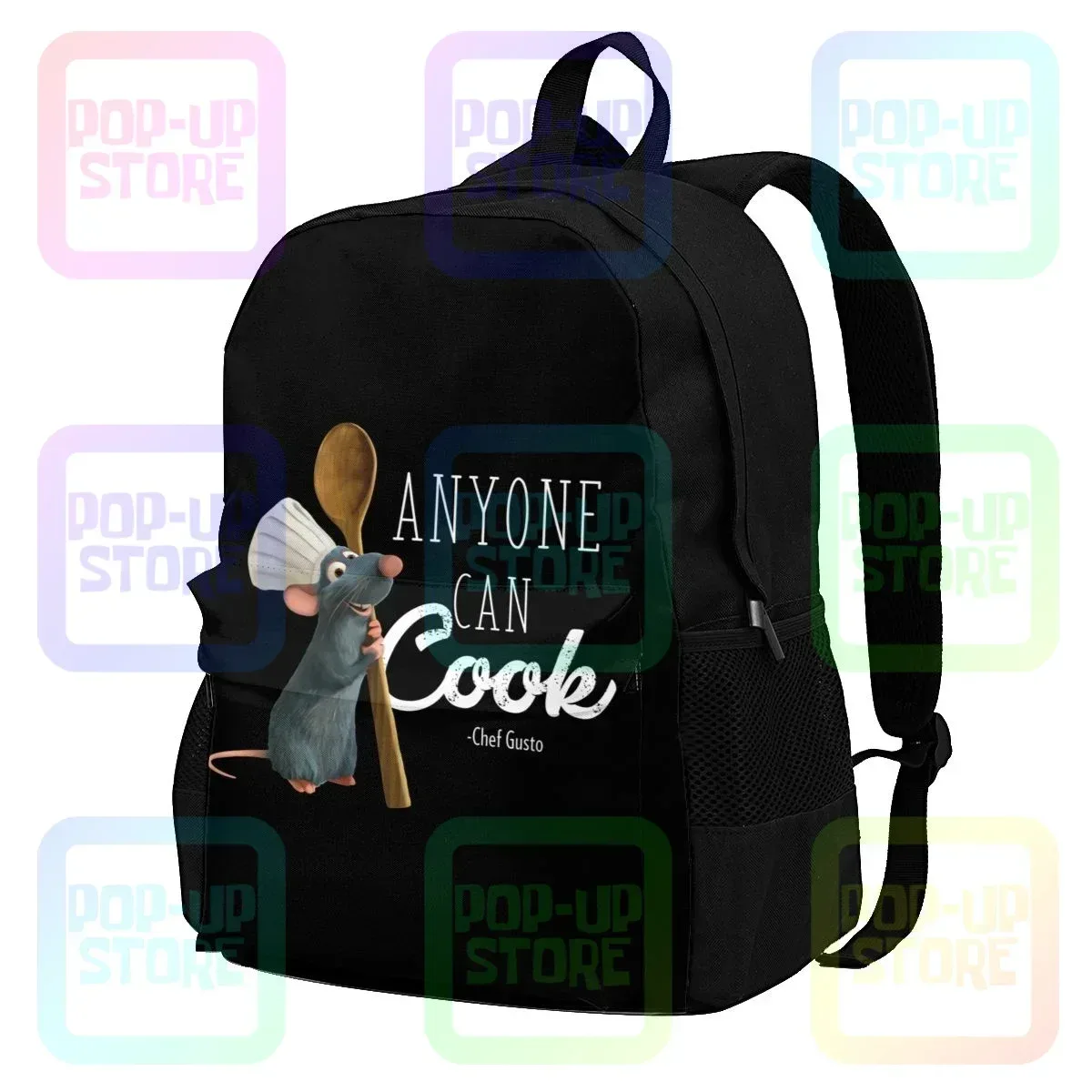 Sac Dos Polyester Noir Souris Chef Gusto Poches Latérales Avant Grande Capacité Usage Voyage École Sport