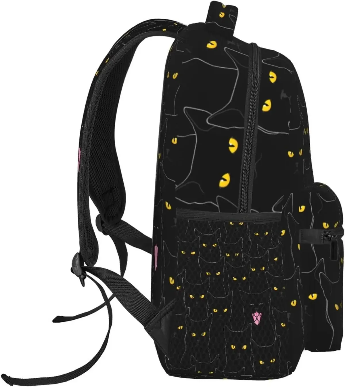 sac dos polyester chats noirs yeux jaunes lumineux noir forme rectangulaire poignées latérales usage voyage école travail sport