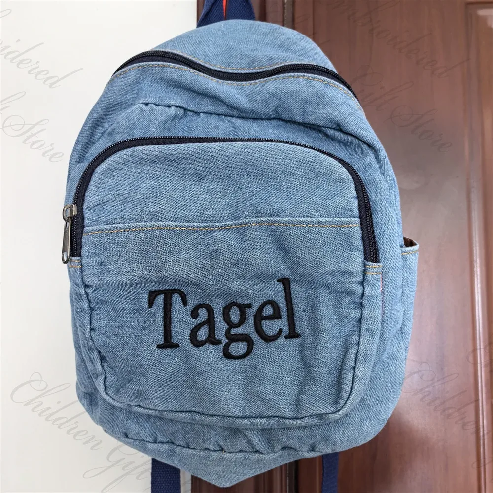 sac à dos en denim avec nom brodé pour femmes, sac de voyage en toile denim pour l'extérieur, nom personnalisé, cartable pour étudiants