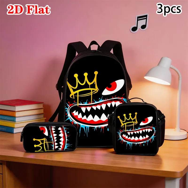sac dos nylon beige dessin animé visage effrayant couronne dorée oeil rouge bouche ouverte dent pointue bandoulière arquée fermeture éclair grande capacité usage quotidien