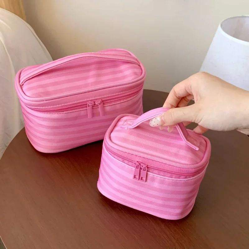 grande trousse de toilette de voyage pour femmes, organiseur de cosmétiques, étui de rangement, sac à main rose rayé tendance, sac à cosmétiques pour femmes