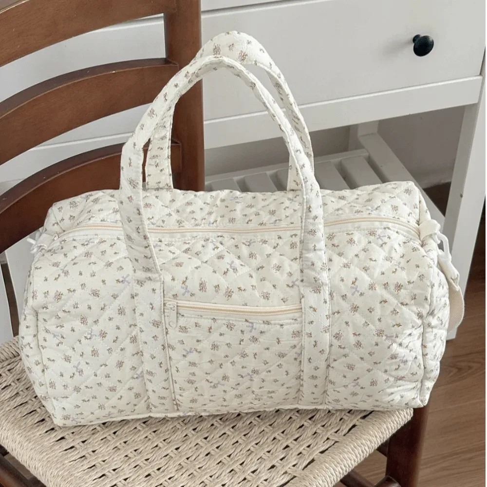 sac de voyage matelassé léger version coréenne, motif floral, grande capacité, sac boston diagonal, sac à main en coton, voyage
