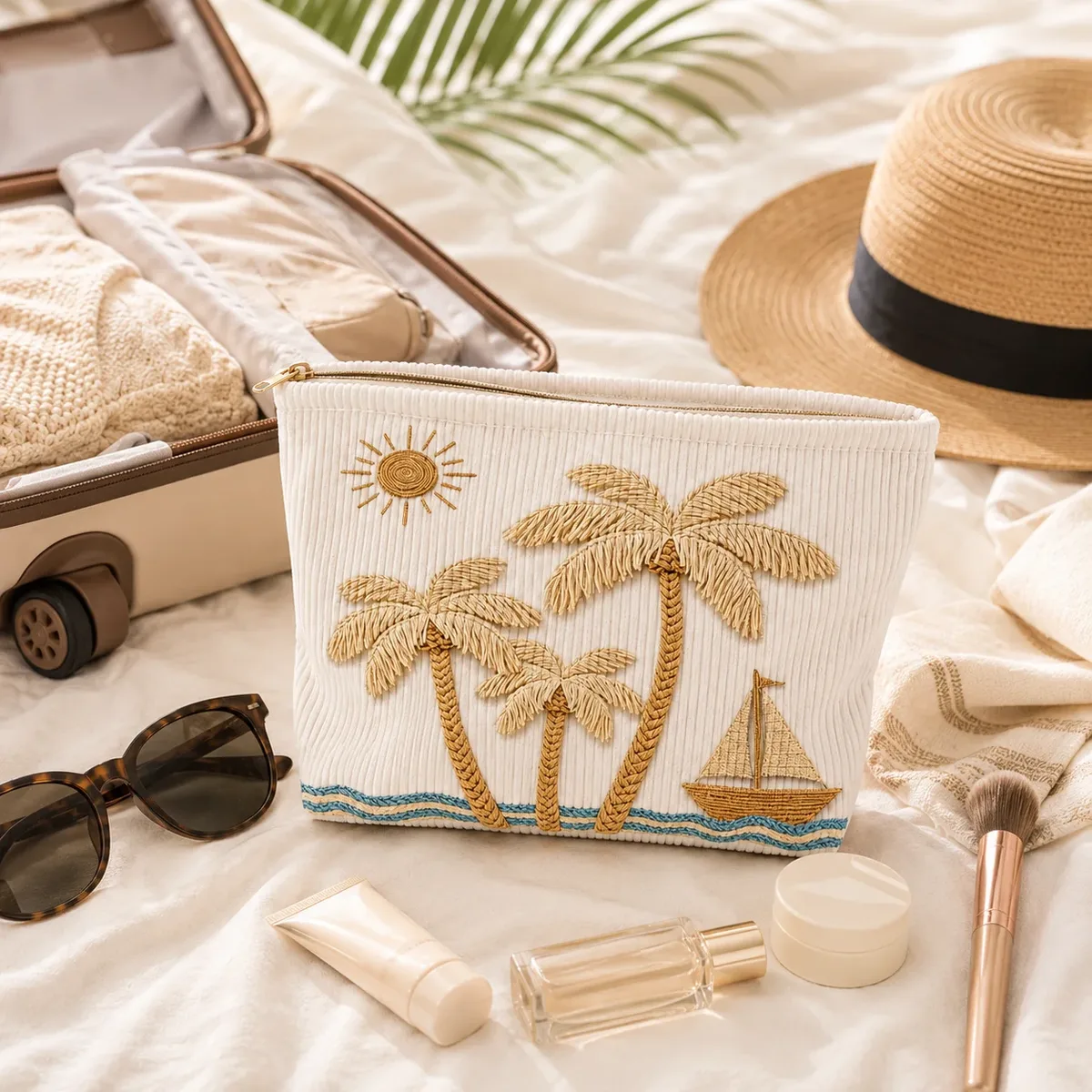 pochette de maquillage en velours côtelé brodée tropicale, grande trousse de toilette de voyage pour femmes, rangement pour articles de toilette de plage