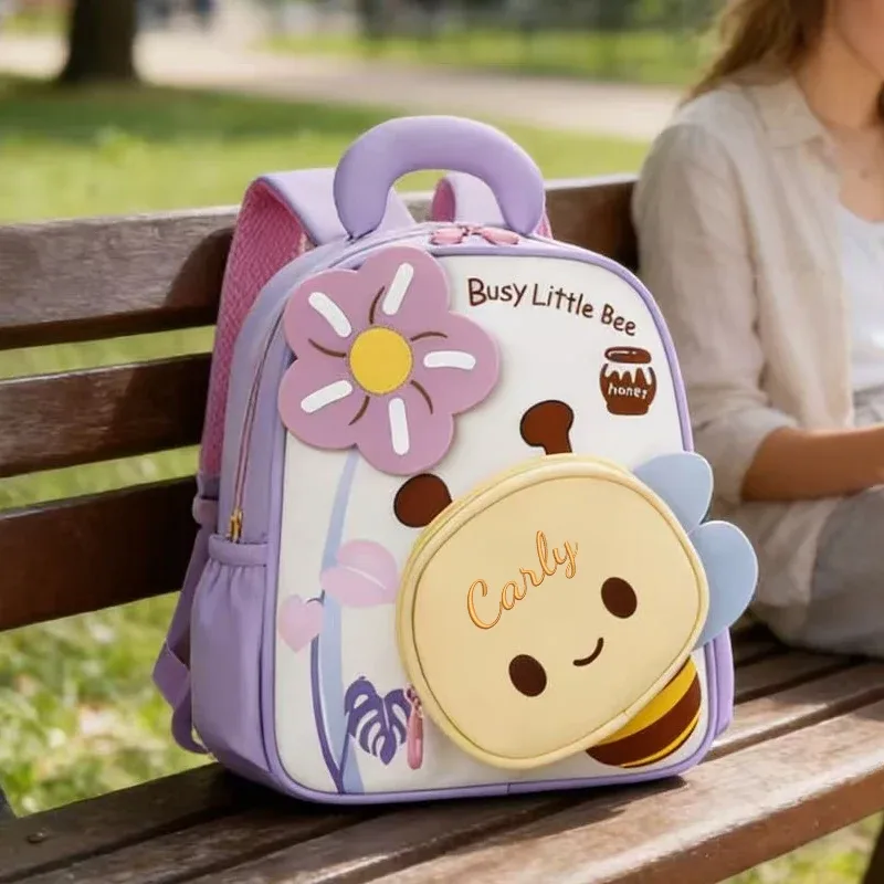 sac dos polyester rose motifs abeilles fleurs enfants double bandoulière grande capacité voyager école