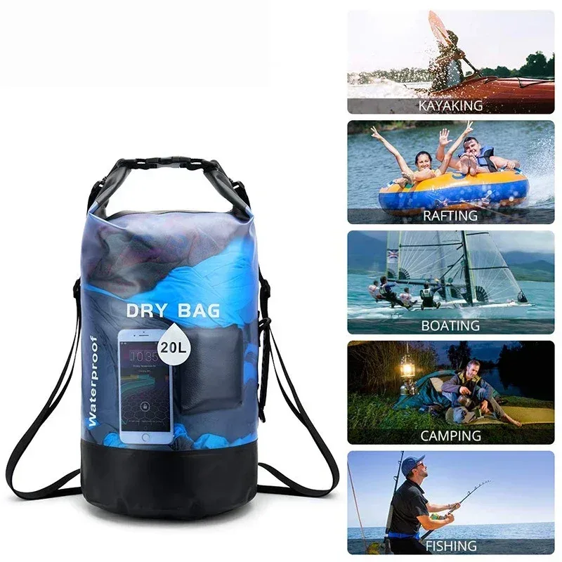 organisateur voyage sac étanche pvc transparent motif bleu poignée noire sangle ajustable trekking kayak rafting canotage