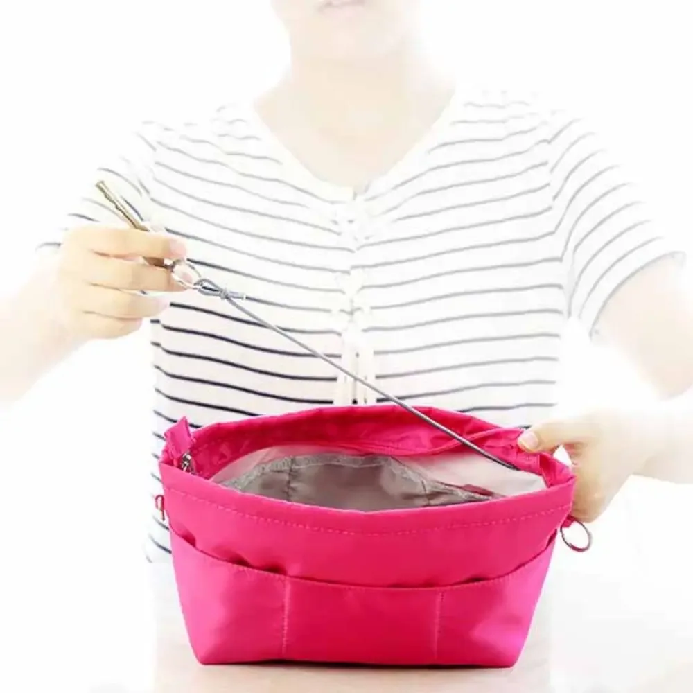 organisateur de cosmétiques vintage, sacs de rangement, sac à main multifonctionnel multi-poches avec fermeture éclair, sac intérieur de couleur unie pour femmes