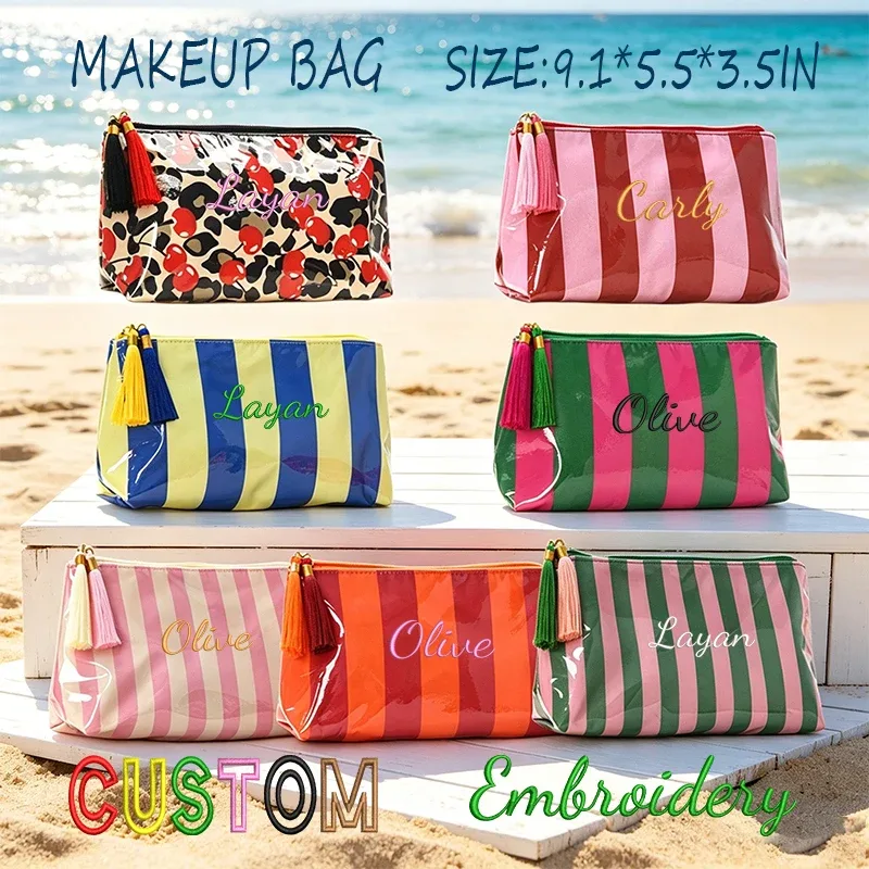 broderie personnalisée/2 options de style standard, pochette rayée, trousse de maquillage à fermeture éclair avec pompon délicat, saison rentrée scolaire, cadeau