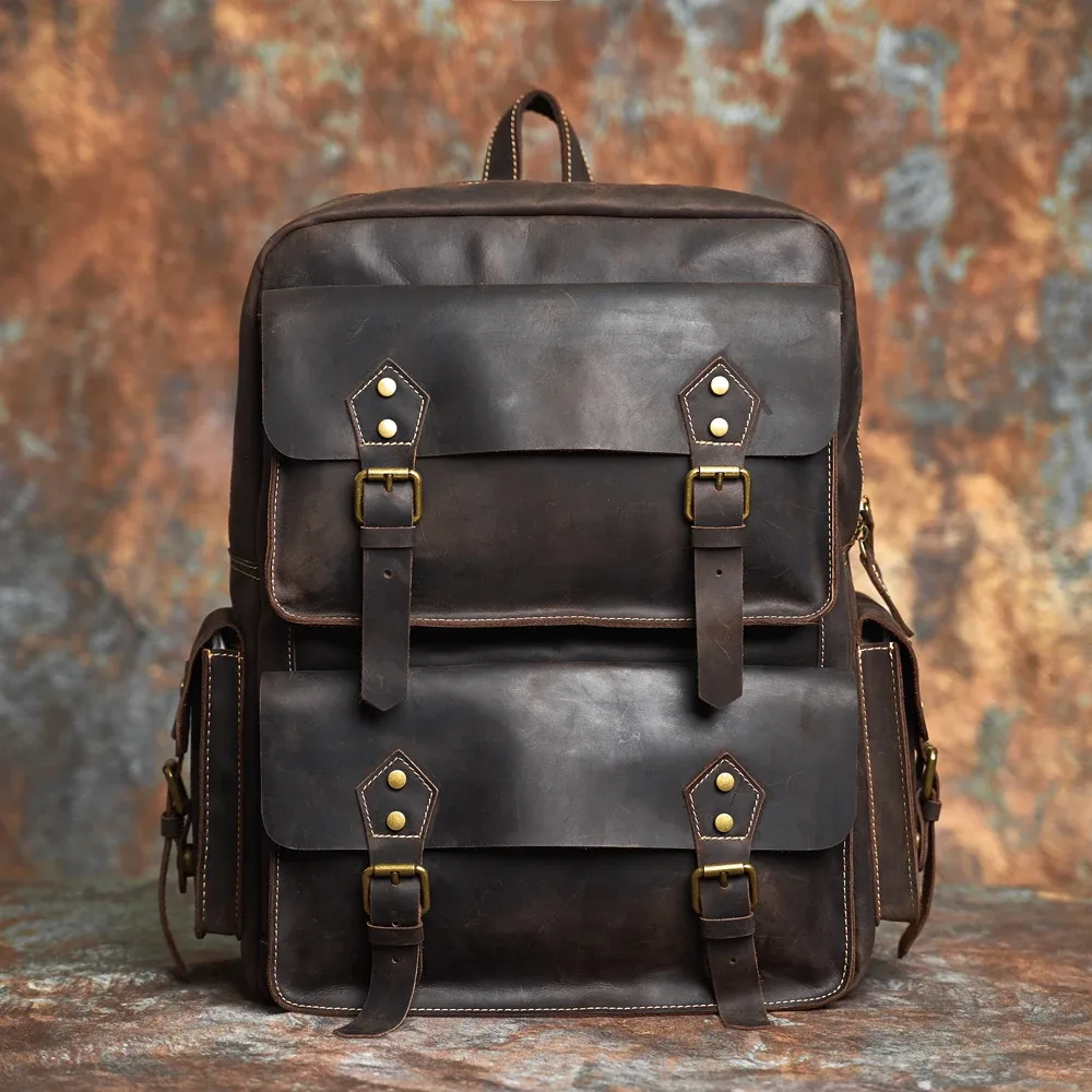 nasva – sac à dos vintage en cuir véritable pour hommes, sac de voyage en plein air pour ordinateur portable, sac d'école de randonnée pour ordinateur portable 15.6 pouces