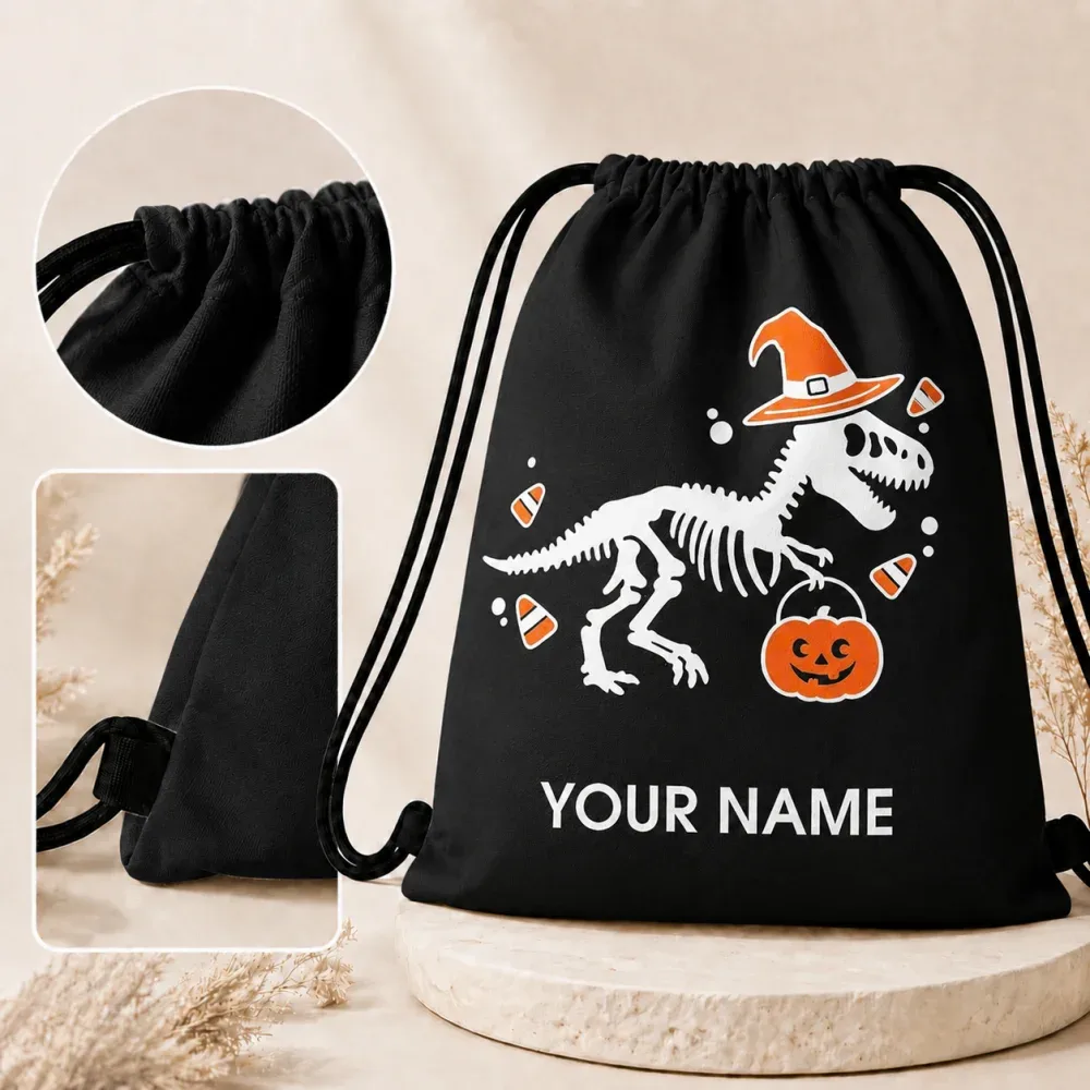sac à dos personnalisé avec cordon de serrage, motif squelette de dinosaure, chapeau de sorcière citrouille d'halloween, pour enfants, 34x41cm