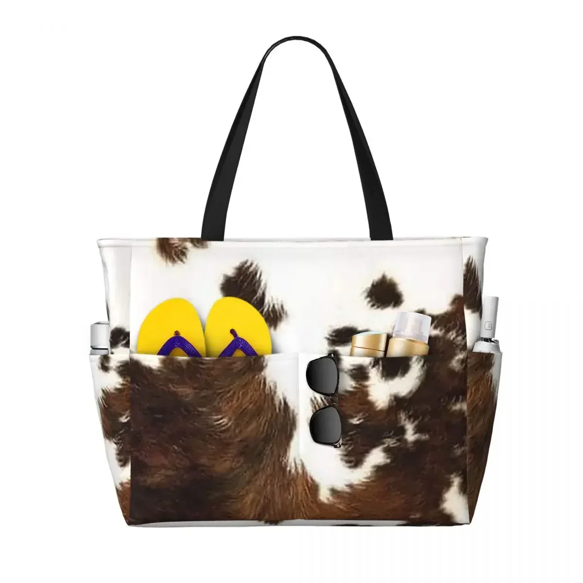 sac de plage élégant en fourrure de vache, texture cuir de vache, motif imprimé peau de vache, sac de yoga, grand sac fourre-tout, sac de voyage pour femme, sac de fitness