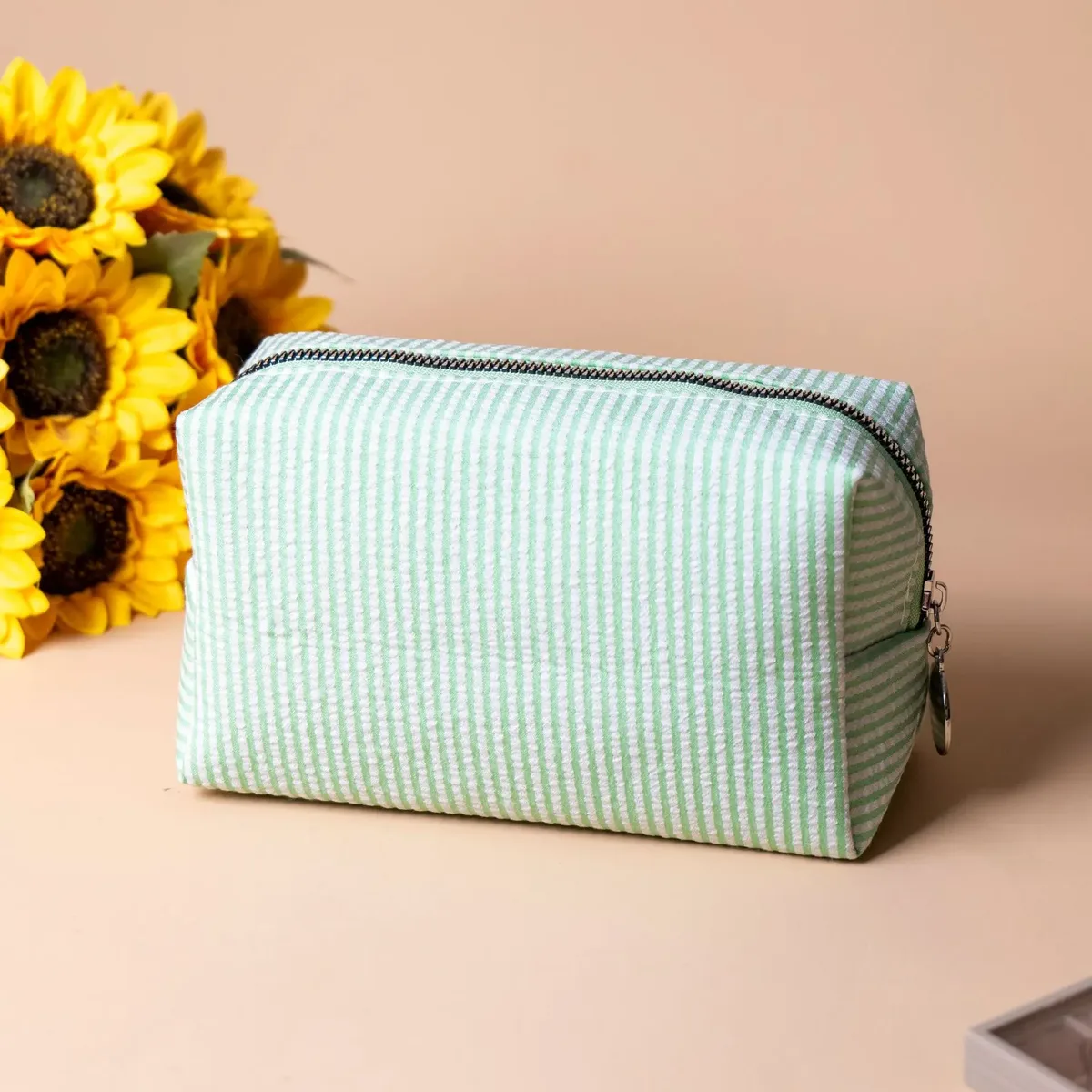 grande trousse de maquillage pour femmes en soie bulle à rayures roses, sac de rangement pour articles de toilette, sac diy pour collations et serviettes hygiéniques