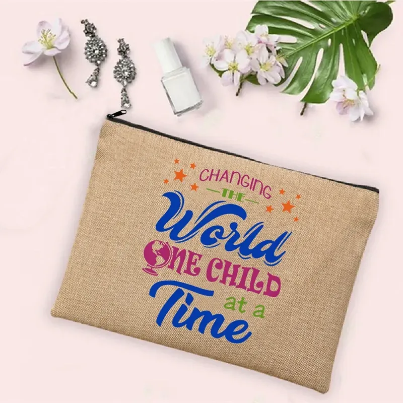teacher change the world linen powder trousse de toilette de voyage pour femme, trousse de maquillage, cadeau de retour à l'école, sac à cosmétiques