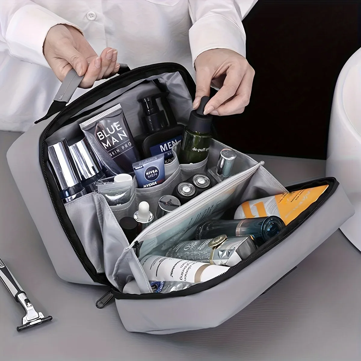 sac de rangement de maquillage à double ouverture pour hommes, sac de maquillage et de beauté portable à fermeture éclair, sacs de rangement de produits de toilette de voyage d'affaires