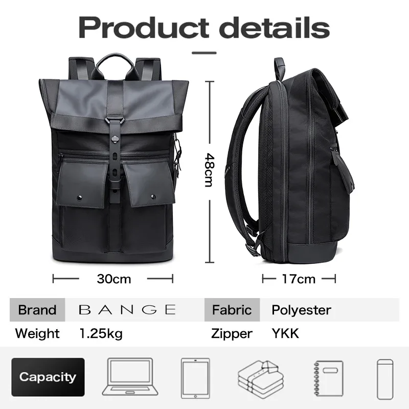 sac dos polyester noir gris poche cuir rabat souple couverture informatique bandoulière voyage universel