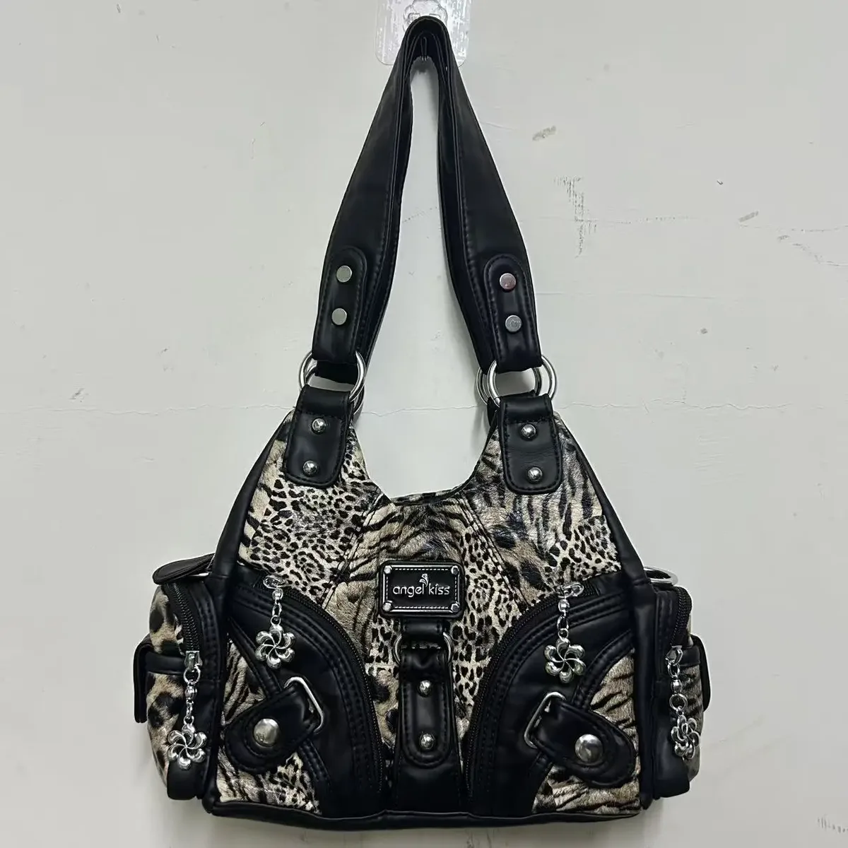 sac à bandoulière vintage y2k à imprimé léopard, sac à main en similicuir de style grunge des débuts des années 2000, sac hobo rétro punk