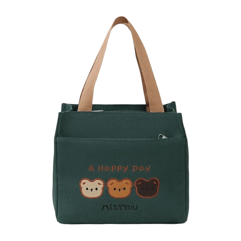 sac fourre-tout brodé avec 3 ours mignons, fermeture à glissière, grande capacité, sac à déjeuner en toile, sac à main léger réutilisable pour pique-nique