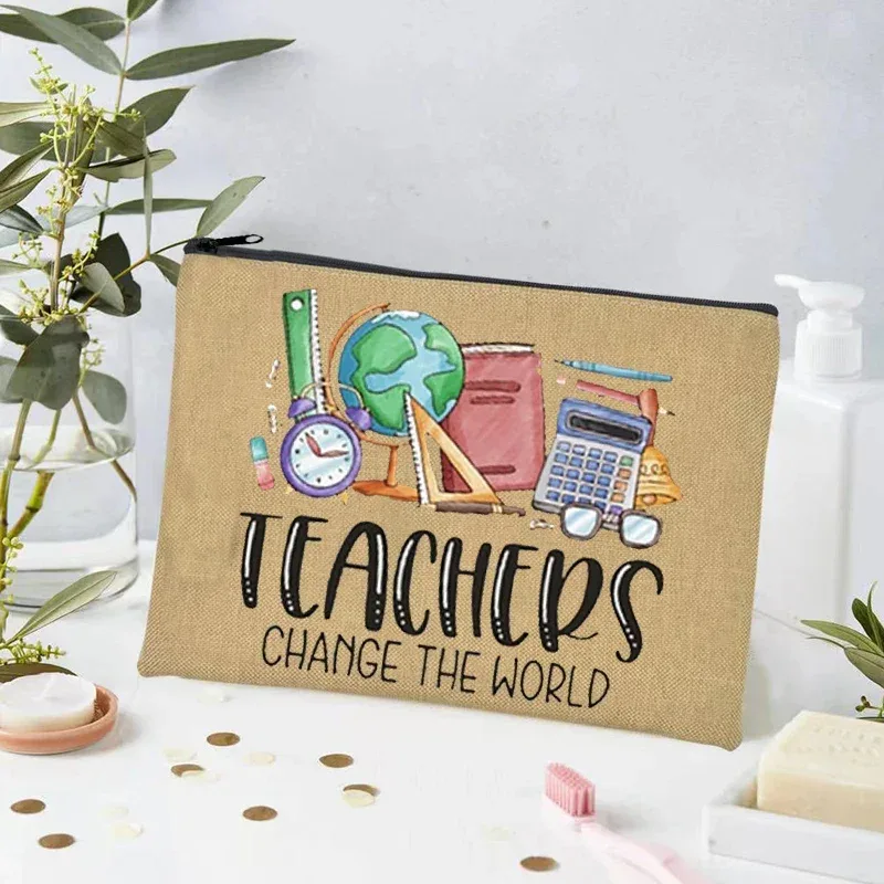 teacher change the world linen powder trousse de toilette de voyage pour femme, trousse de maquillage, cadeau de retour à l'école, sac à cosmétiques