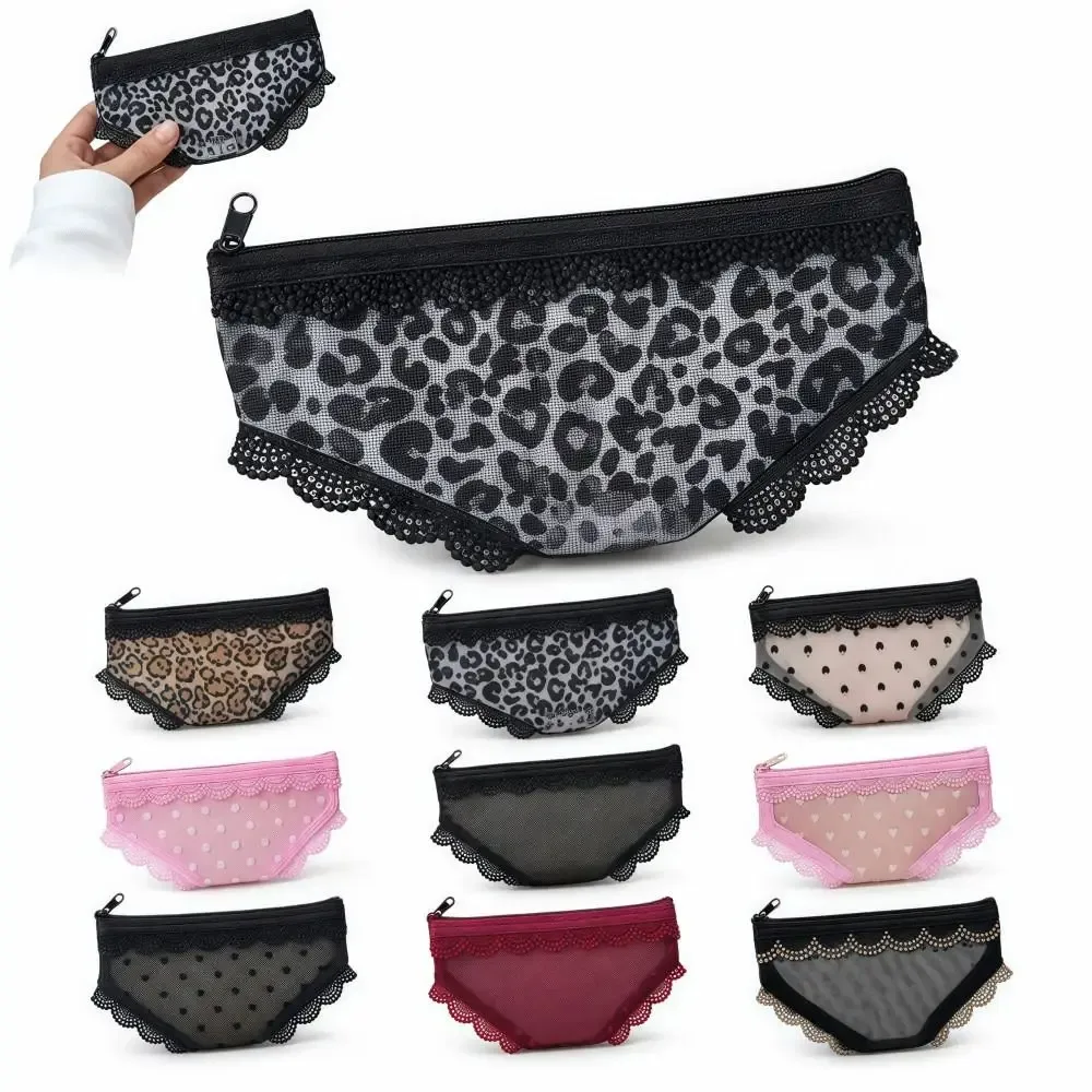 pochette cosmétique unique en forme de slip, en dentelle transparente avec motif cœur, sac de rangement pour maquillage, trousse de toilette en maille y2k pour le voyage