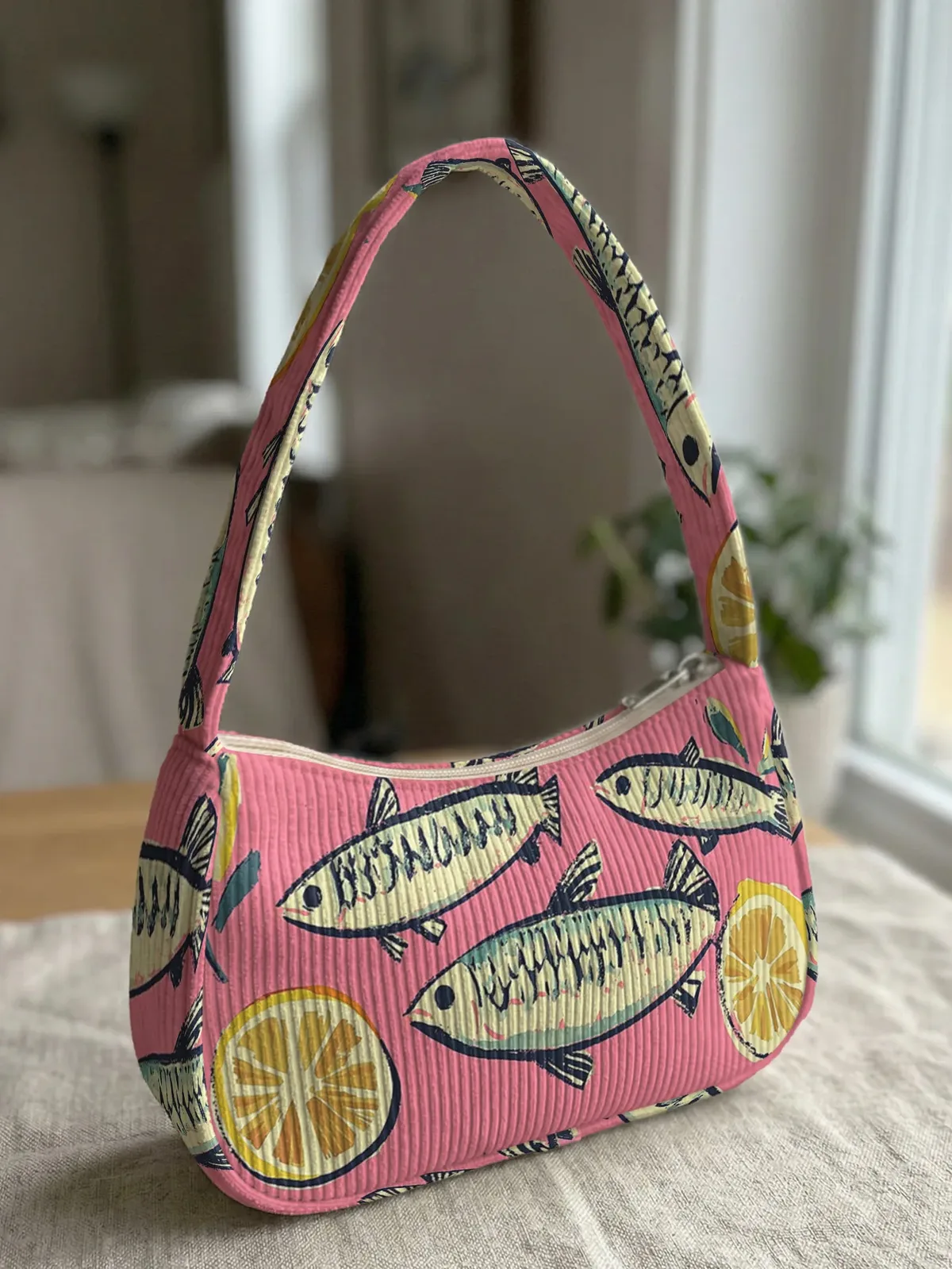 sac à bandoulière tendance imprimé poissons et citrons, sac sous le bras en velours côtelé rose pour un usage quotidien décontracté