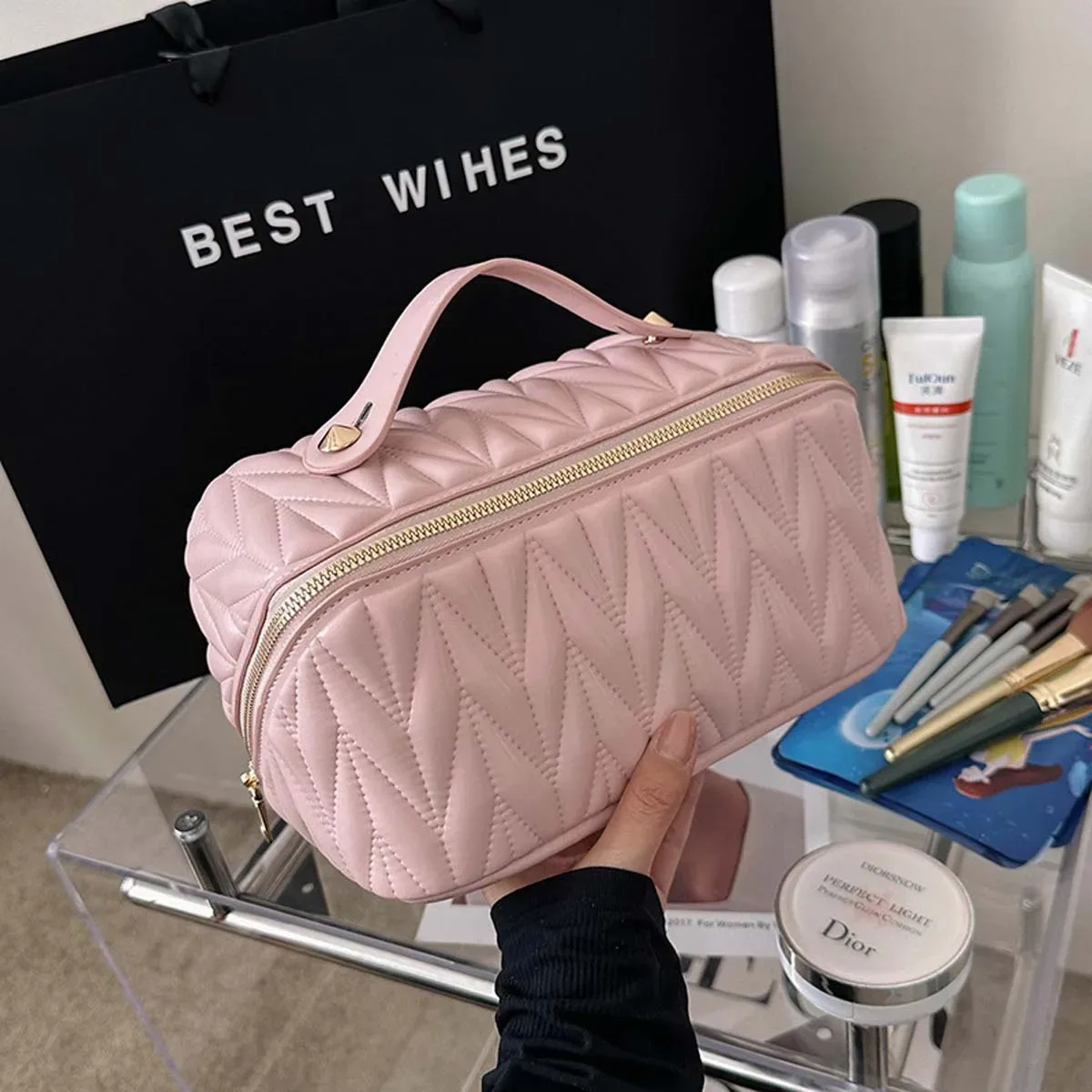 trousse de maquillage en pu de qualité supérieure, grand niveau d'apparence, trousse de toilette de voyage à la mode, nouveau sac de rangement de cosmétiques de couleur unie
