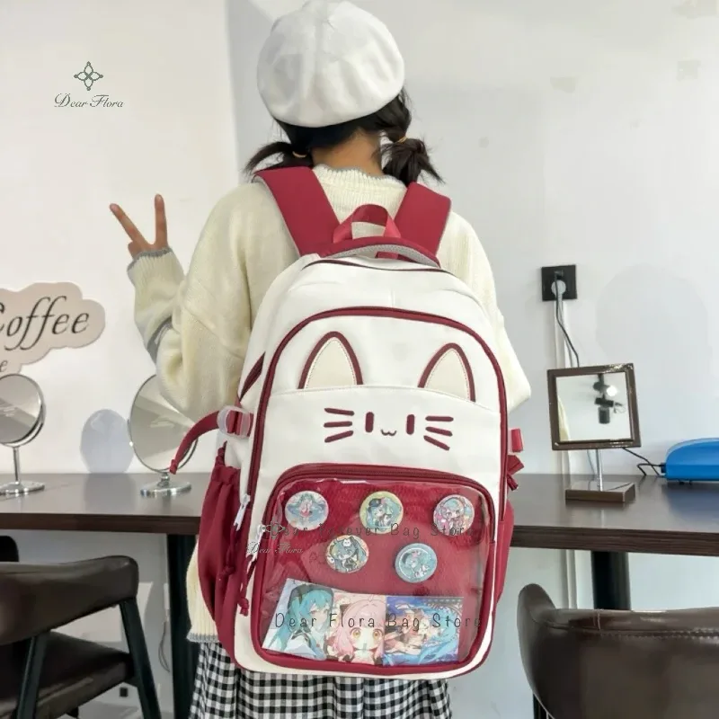 sacs à dos y2k mignons motif chat, grande capacité, sac à dos décontracté pour fille, sac à dos transparent diy, cartable de voyage tendance à motif dessin animé