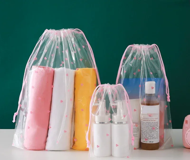 sac à cosmétiques transparent en pvc avec cordon de serrage, 1 pièce, trousse de maquillage transparente pour filles, trousse de beauté portable étanche, trousse de toilette de voyage
