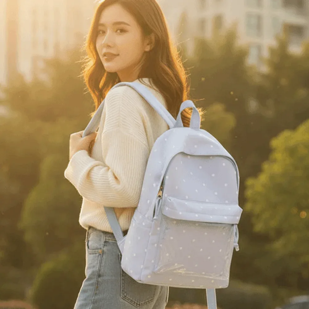 sac ita de style japonais avec fenêtre transparente, grande capacité, sac à dos transparent, doublure en polyester, léger, motif à pois.
