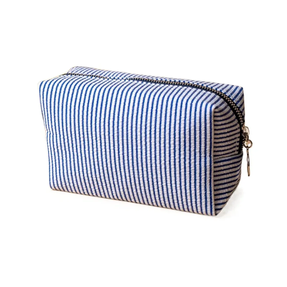trousse de maquillage rayée en tissu seersucker doux, fermeture éclair, pochette cosmétique grande capacité, trousse à crayons multi-usages, usage quotidien