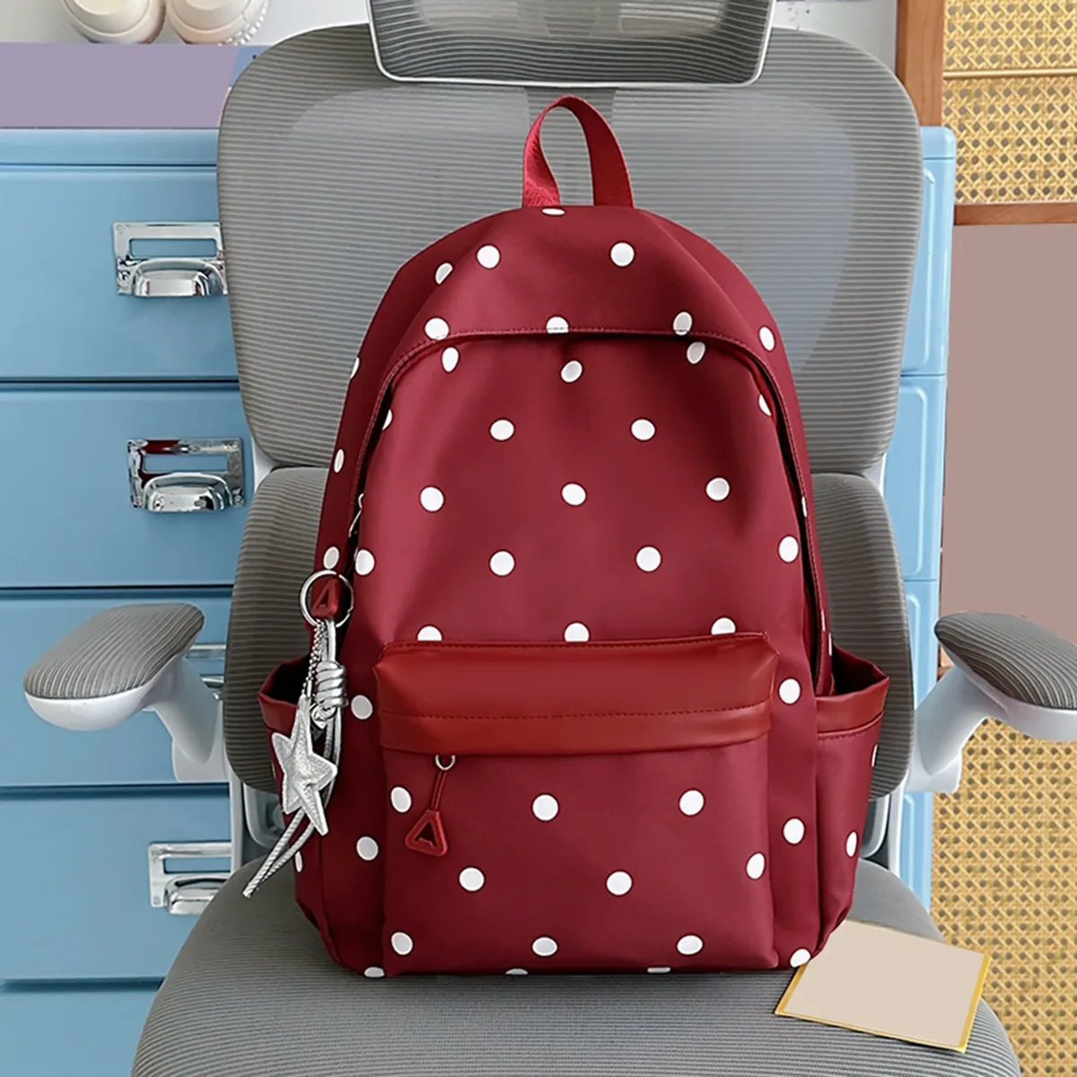 sac à dos esthétique à pois style preppy avec breloque étoile, sac à livres pour campus, sac à dos de voyage décontracté kawaii pour adolescentes et femmes