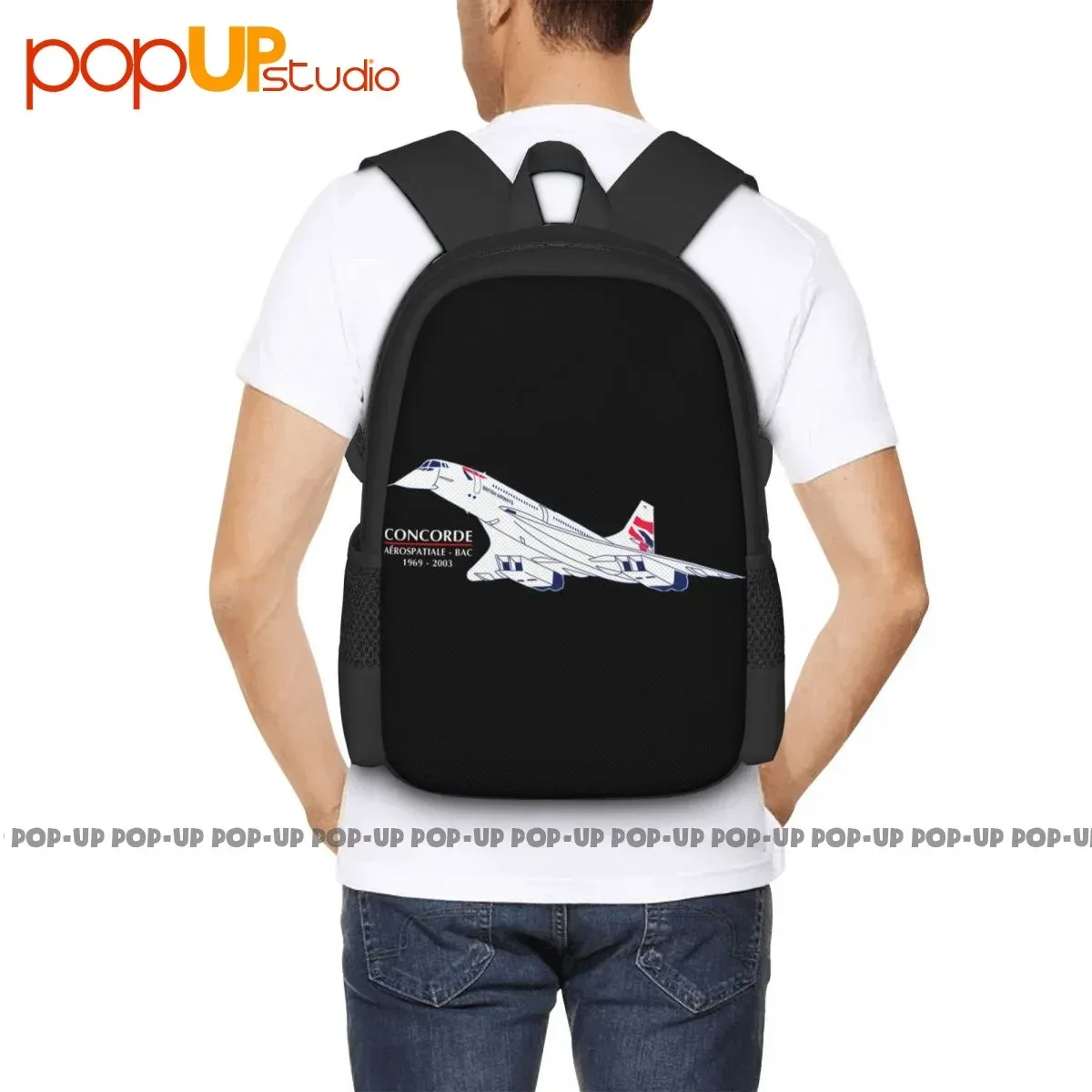 sac dos polyester armure toile 600d noir avion concorde bandes poignées latérales usage voyage universel décontracté