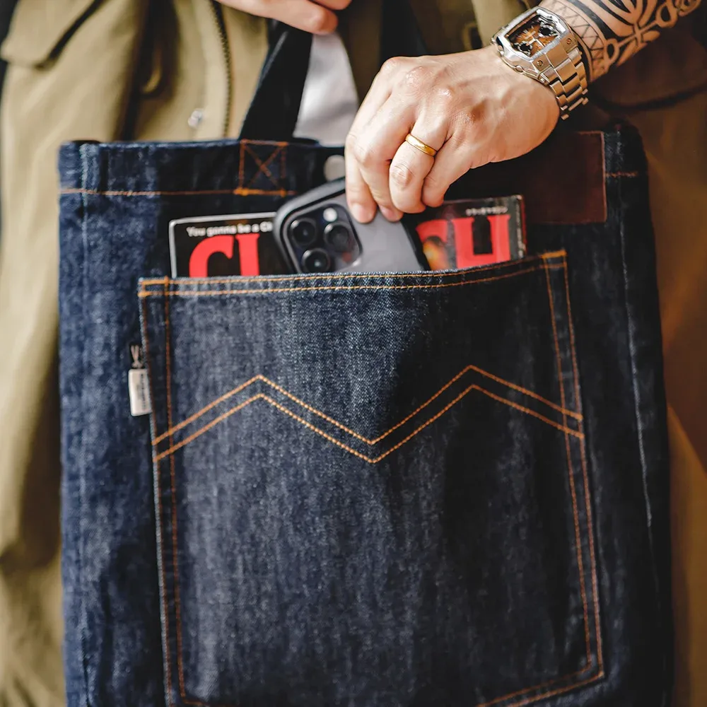 maden unisexe rétro 14oz denim sacs simple épaule sacs à bandoulière brodé polyvalent à main fourre-tout grande capacité sacs