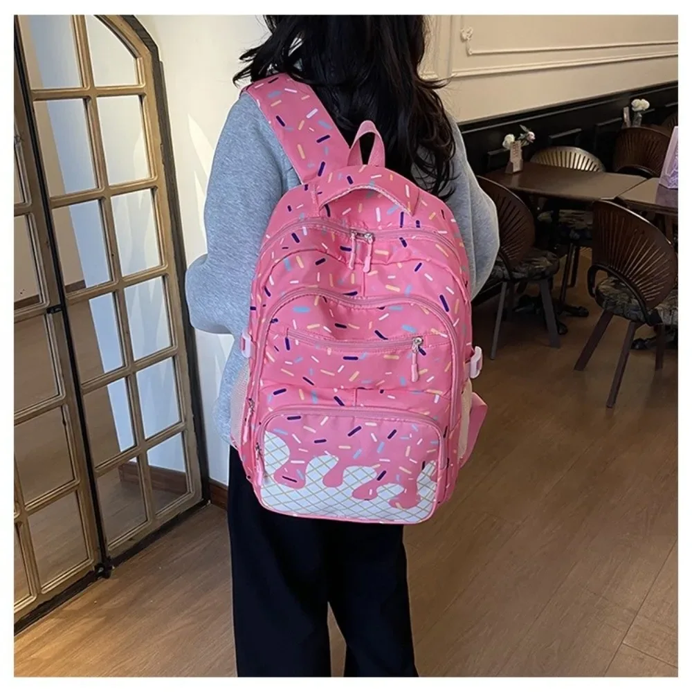 Sac Dos Tissu Oxford Imprimé Vanille Perles Colorées Rose Blanc Format Trapézoïdal Fermeture Glissière Poche Latérale Maille Usage Étudiant Voyage