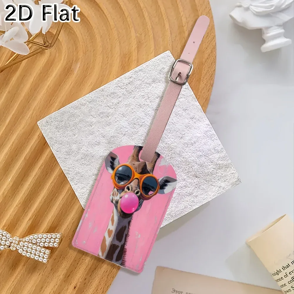 étiquette de bagage mignonne en forme de girafe avec lunettes et motif de chewing-gum, étiquette de valise pour le voyage