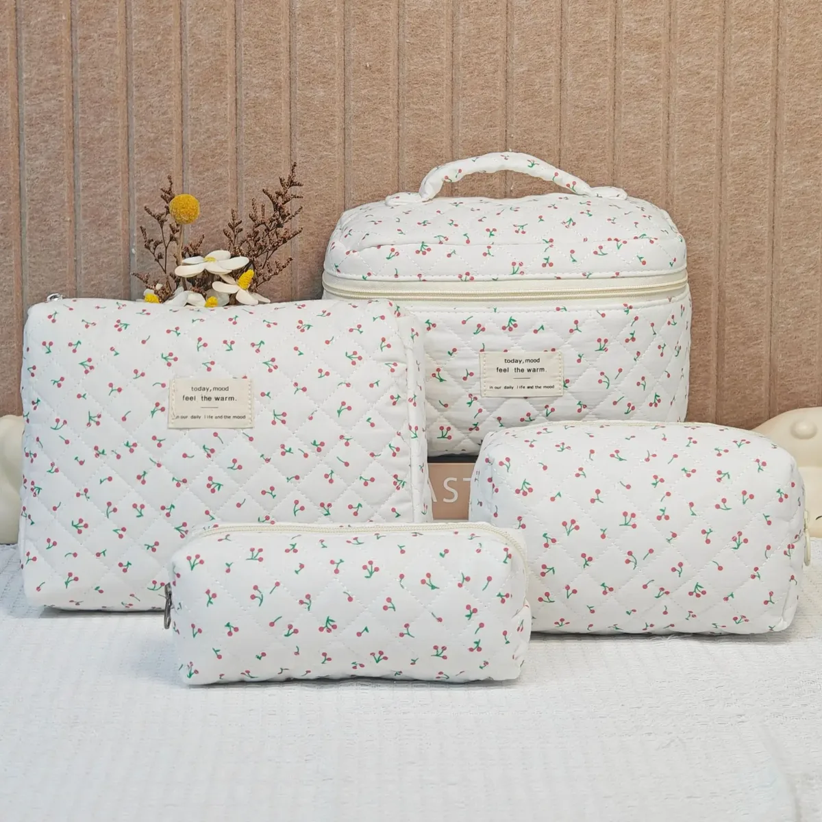 trousse de maquillage à imprimé floral de grande capacité, sac de rangement de cosmétiques de voyage portable, sac de style urbain simple avec doublure en polyester pour femmes