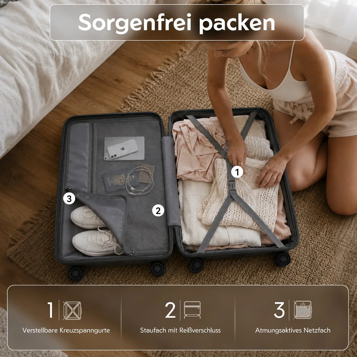 valise de voyage à roulettes en pp léger à coque rigide kono avec serrure tsa et 360 ° roues pivotantes