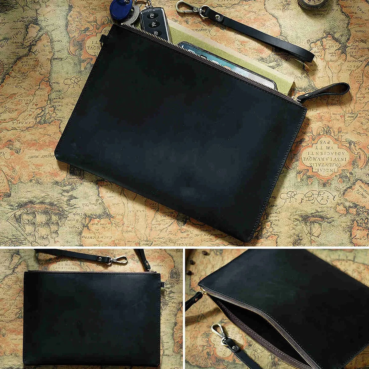 pochette de rangement de documents vintage en cuir véritable, avec fermeture éclair, porte-papier mince pour ipad mini et smartphone, bureau de voyage