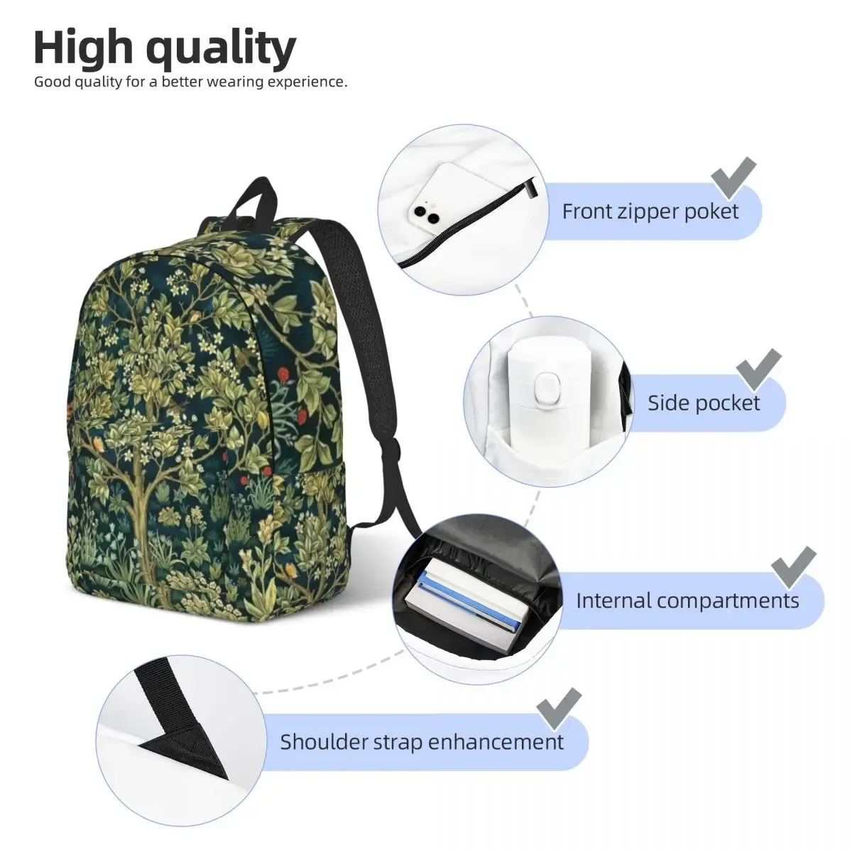 sac à dos en toile avec arbre de vie personnalisé par william instability, textile floral, école universitaire, sacs de voyage, cartable pour ordinateur portable 15"