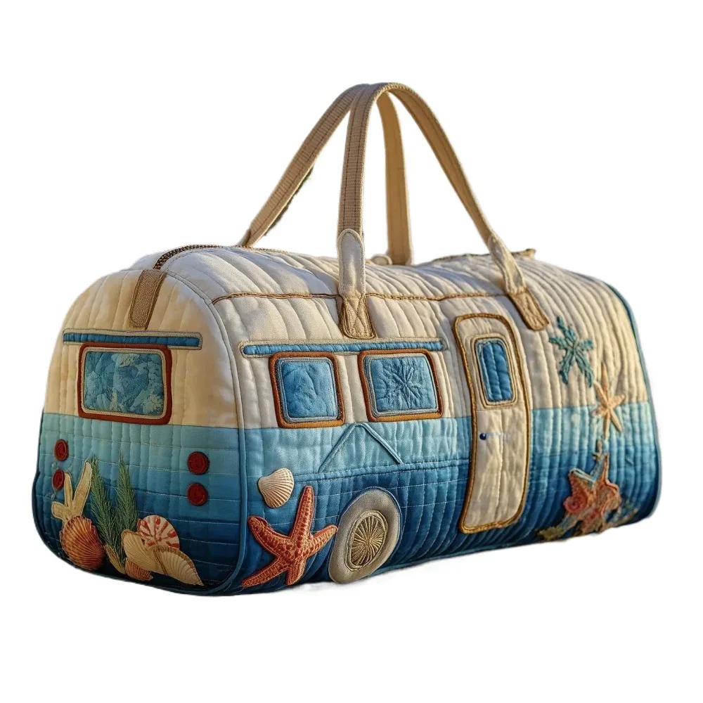 sac de voyage matelassé imprimé en 3d, design camping-car, avec coquillages et étoiles de mer, léger, sac de week-end, sac de voyage, sac de transport