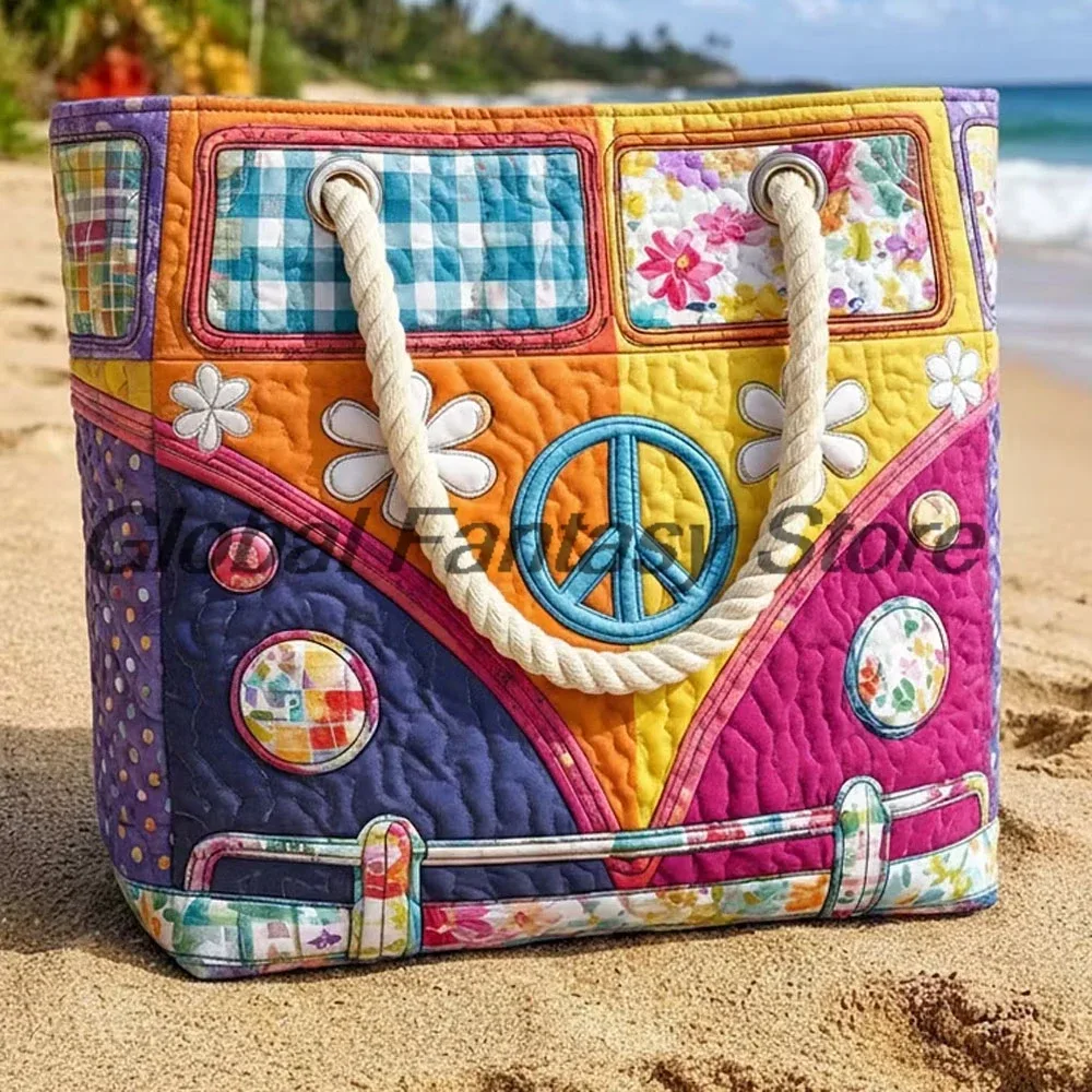 sac de plage matelassé style hippie vintage, sac à bandoulière bohème avec imprimé floral et signe de la paix, sac à main quotidien pour hommes et femmes, sac de shopping