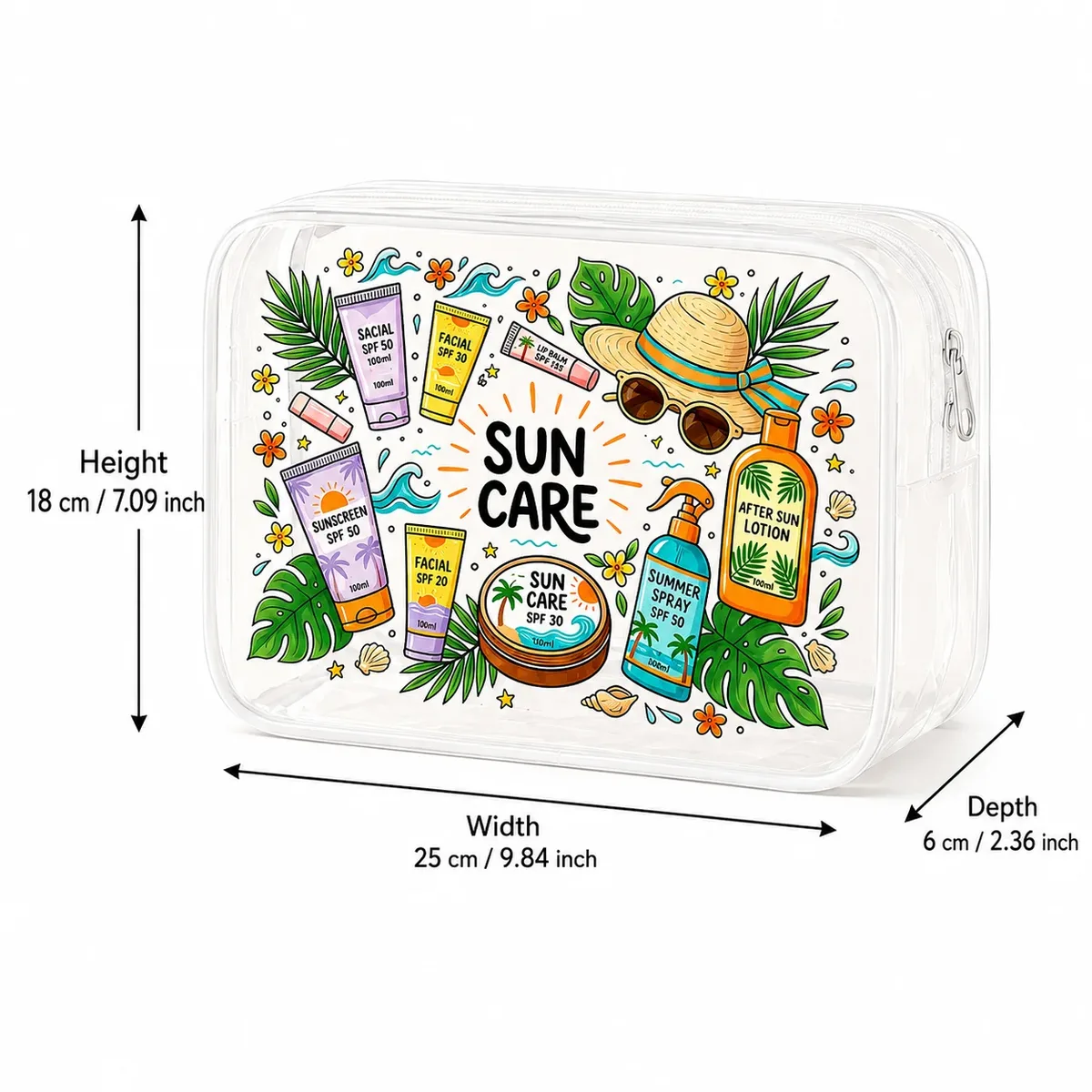 trousse de toilette transparente en pvc imprimée sun care, pochette de voyage imperméable pour cosmétiques, organisateur de maquillage pour femme, rangement pour soins de la peau à la plage