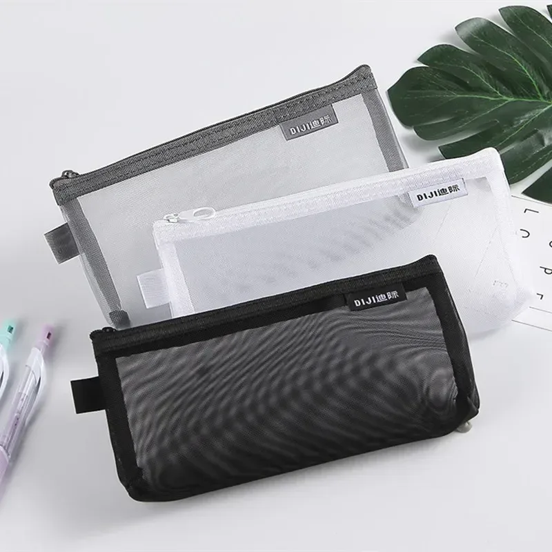 trousse de maquillage simple gris noir, grande capacité, sacs transparents pour pinceaux cosmétiques, trousse à crayons en nylon tridimensionnelle pour étudiants