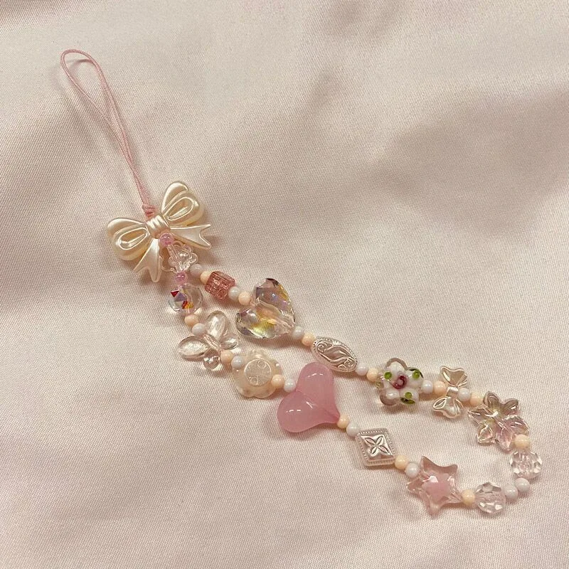 chaîne de téléphone, cordon de sac, porte-clés, breloque de sac à dos, cadeau, version coréenne, avec motifs fleurs de cerisier roses, nœuds d'amour et perles