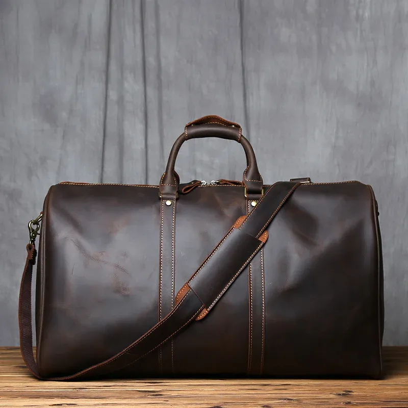 sac de voyage vintage en cuir véritable pour homme nzpj, grande capacité, sac à main en cuir crazy horse, sac à bandoulière en cuir de vache naturel