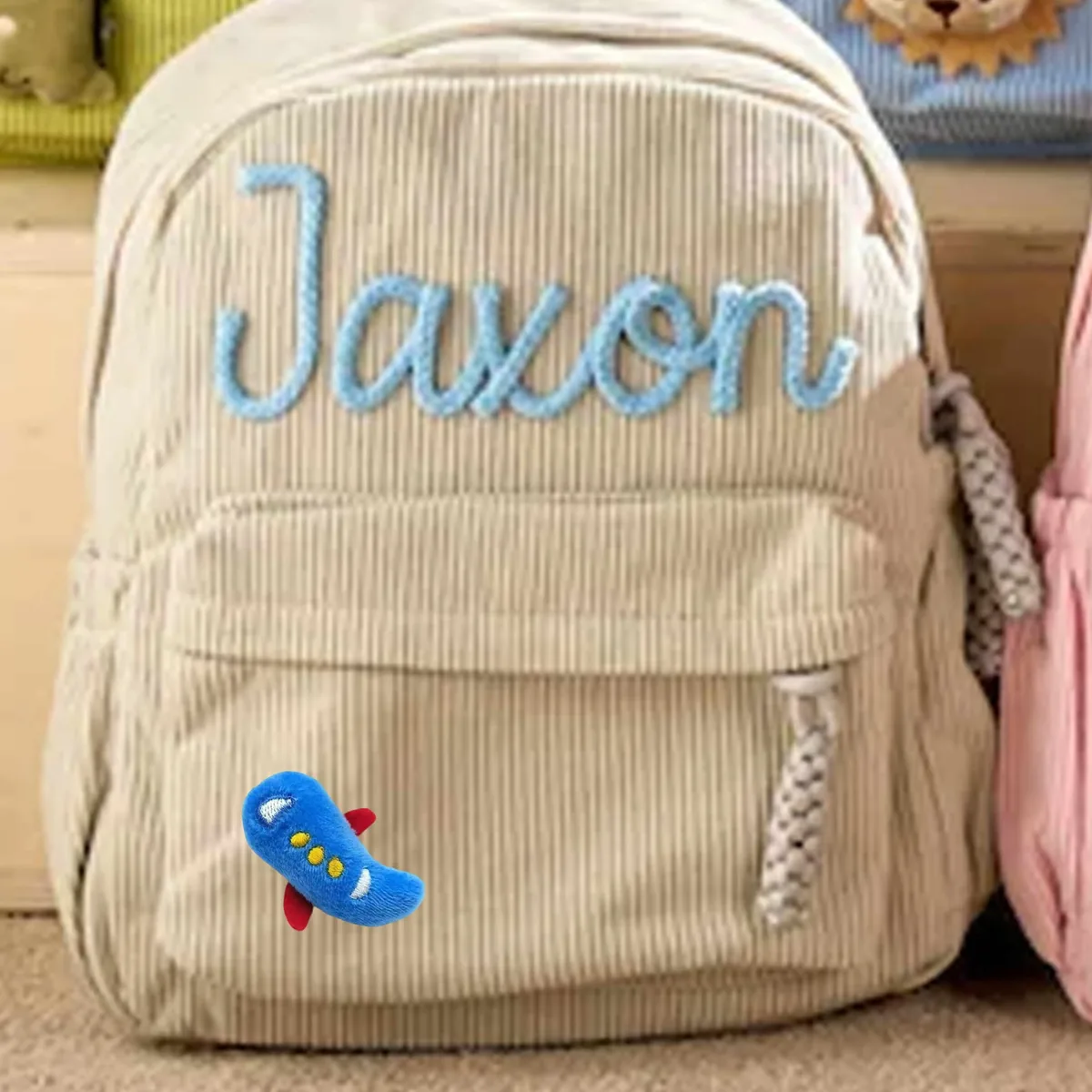 sac à dos en velours côtelé personnalisé 1 pièce, lettres brodées à la main, décorations florales/animales, cadeau idéal.