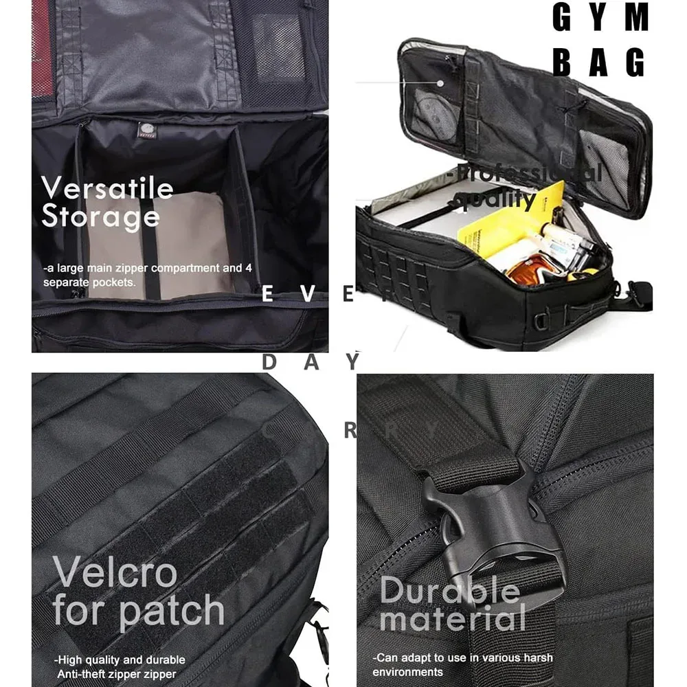 sac à dos tactique 3-en-1, sac de voyage, sac de sport grande capacité, sac à bandoulière imperméable pour la randonnée, le camping et la gym