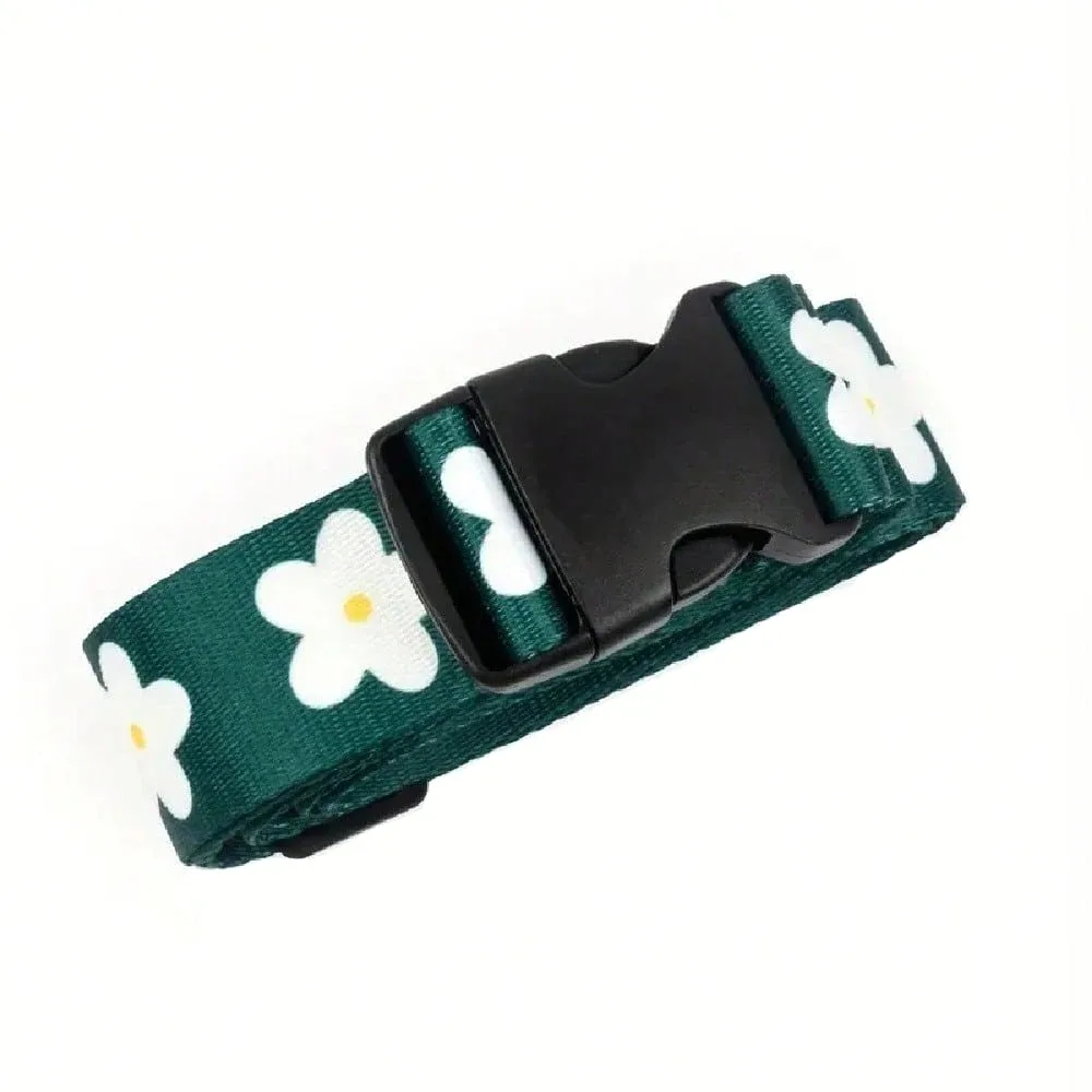 sangle à boucle en plastique pour bagages de voyage, sangle de bagage réglable à imprimé floral, fermeture à boucle, noir avec motif floral blanc