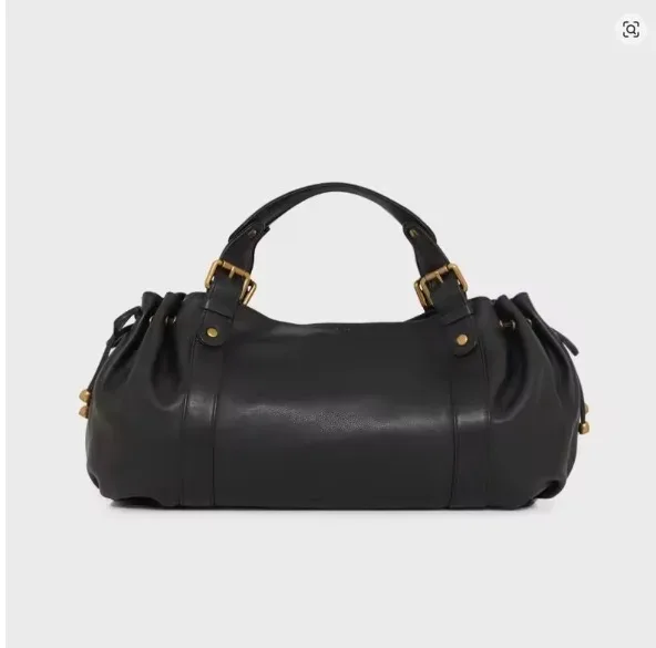 sac fourre-tout vintage en cuir souple plissé avec cordon de serrage, grand sac à bandoulière simple pour femme, sac de travail boston