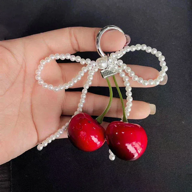 mode perle cerise dentelle nœud papillon sac pendentif à breloque porte-clés cerise voiture porte-clés sac à dos décoration bijoux cadeau pour femmes