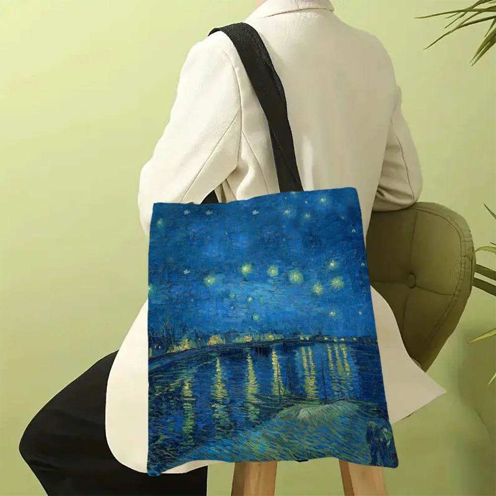 sac en toile imprimé la série van gogh, sac à bandoulière léger, sac de shopping polyvalent, sac à main de support