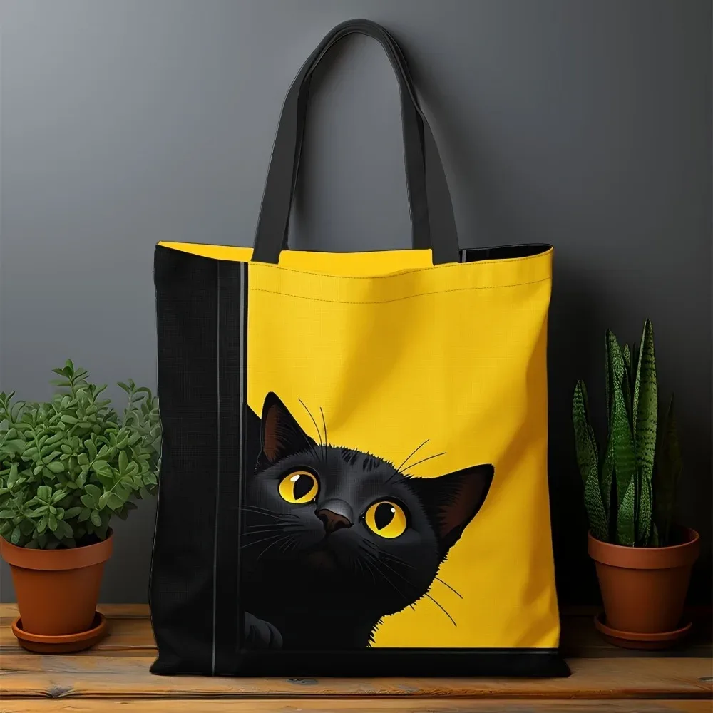 sac fourre-tout élégant imprimé chat noir, sac de shopping à bandoulière léger et pliable pour voyage scolaire, sac à main de rangement portable